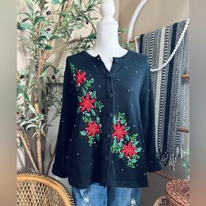 Vintage DonnKenny Black Pearl Studded Embroidered Poinsettia Christmas Cardigan
